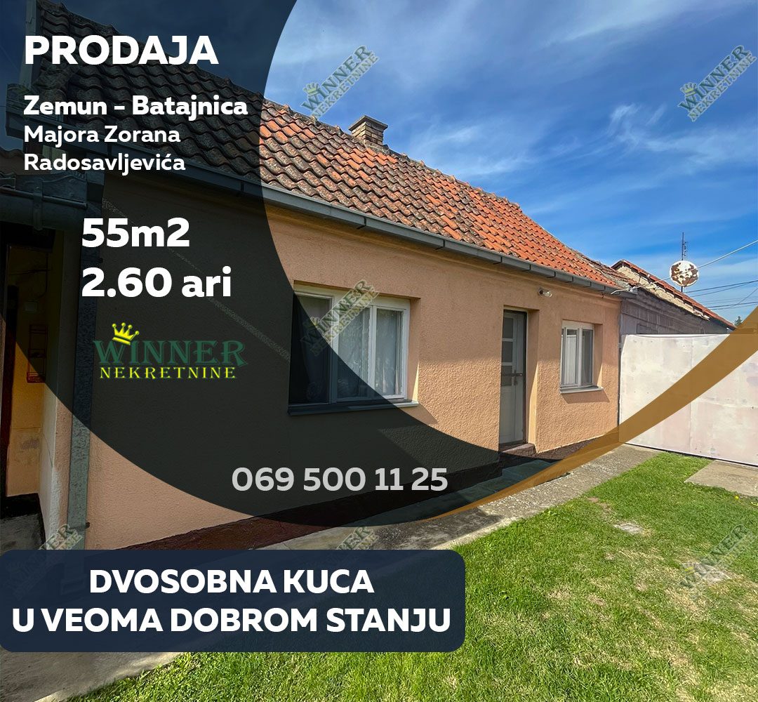 Kuća na prodaju – Batajnica centar, 55m², dvorište, mogućnost dogradnje, plac, agencija, winner nekretnine, stara gradnja, Zemun