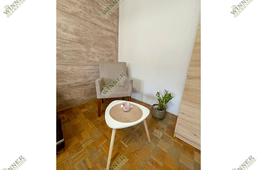 Fotelja dekoracija stana Dnevna soba iz drugogo ugla Prodaja stana Zemun – Sava Kovačević, Terasa, renoviran, winner nekretnine, agencija, CG, uknjižen