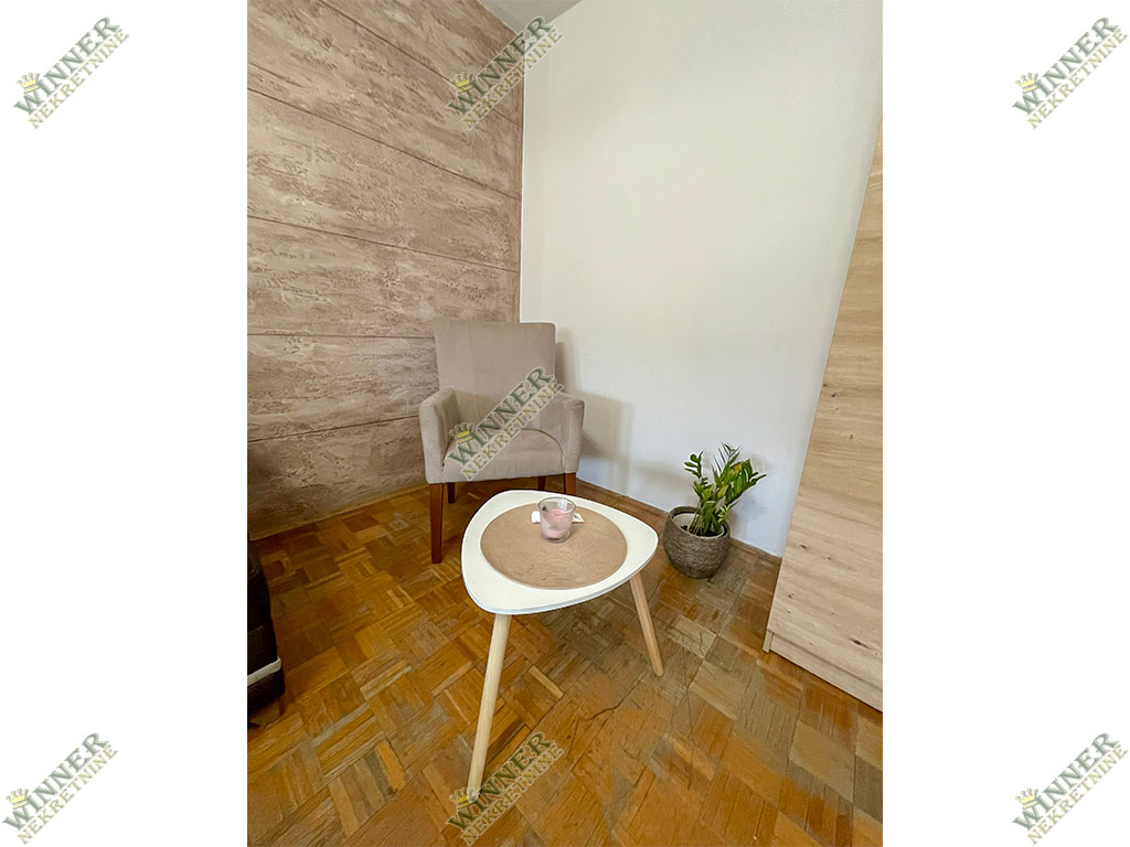 Fotelja dekoracija stana Dnevna soba iz drugogo ugla Prodaja stana Zemun – Sava Kovačević, Terasa, renoviran, winner nekretnine, agencija, CG, uknjižen